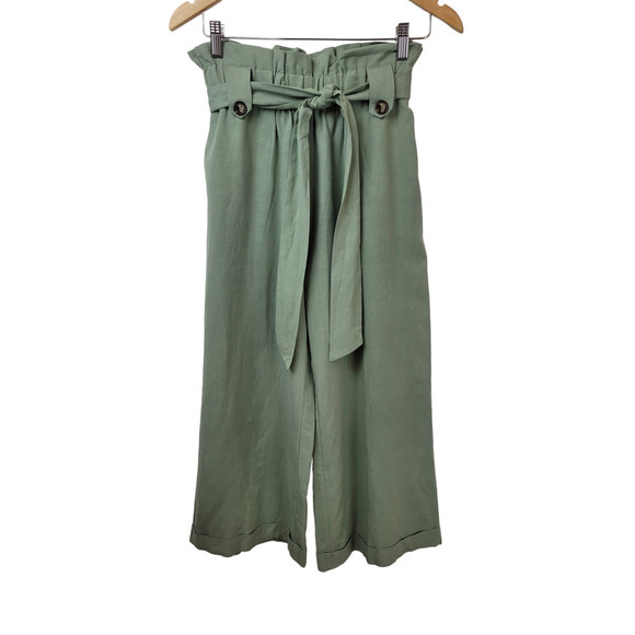 Whiteroom + Cactus Sage Green Wide Leg Cropped Paperbag Guacho Pull-On Pants - Picture 2 of 7